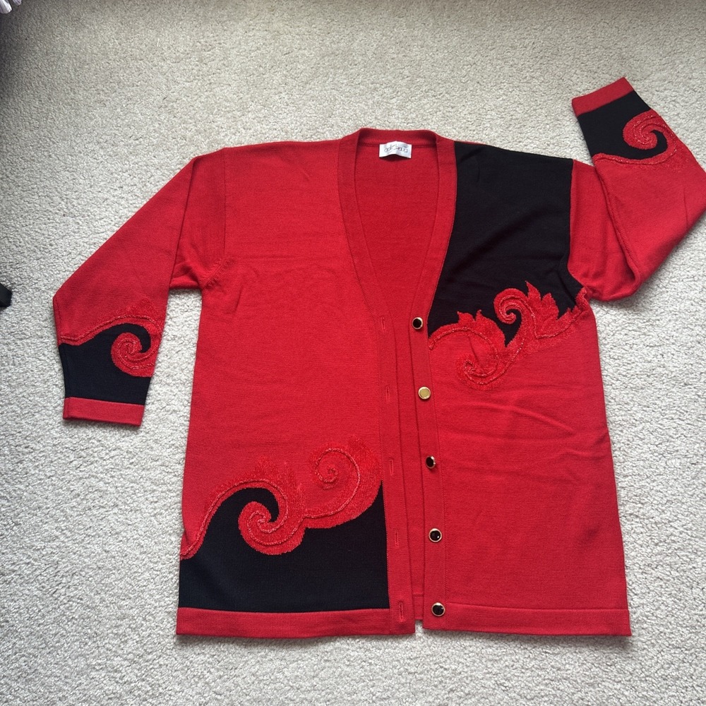 Gollehaug Vintage German Wool Blend Cardigan XL Red Black Art to Wear Colorblock